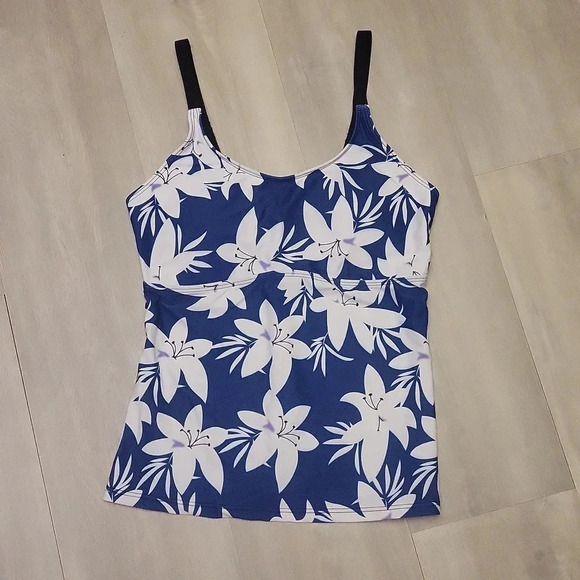 Womens White Flower Navy Blue Bathing Suit Tankini Top Padded Size Small - Picture 1 of 7